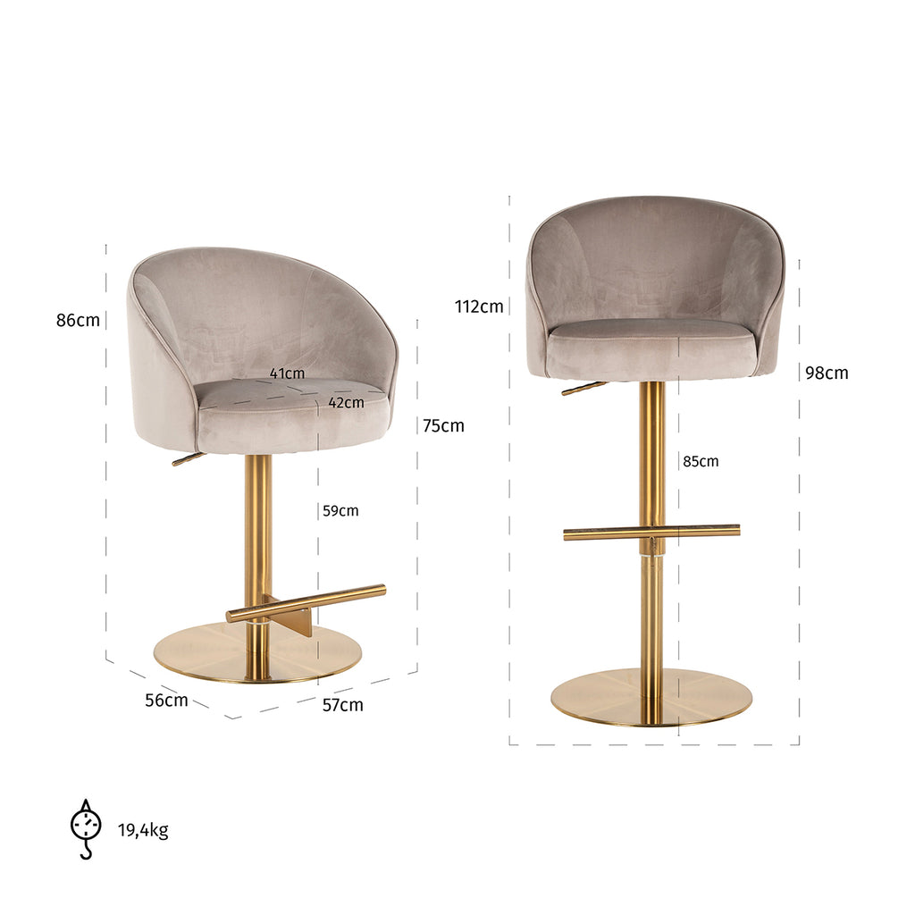 Chaise de bar Zabi pivotante velours kaki (Quartz Kaki 903)
